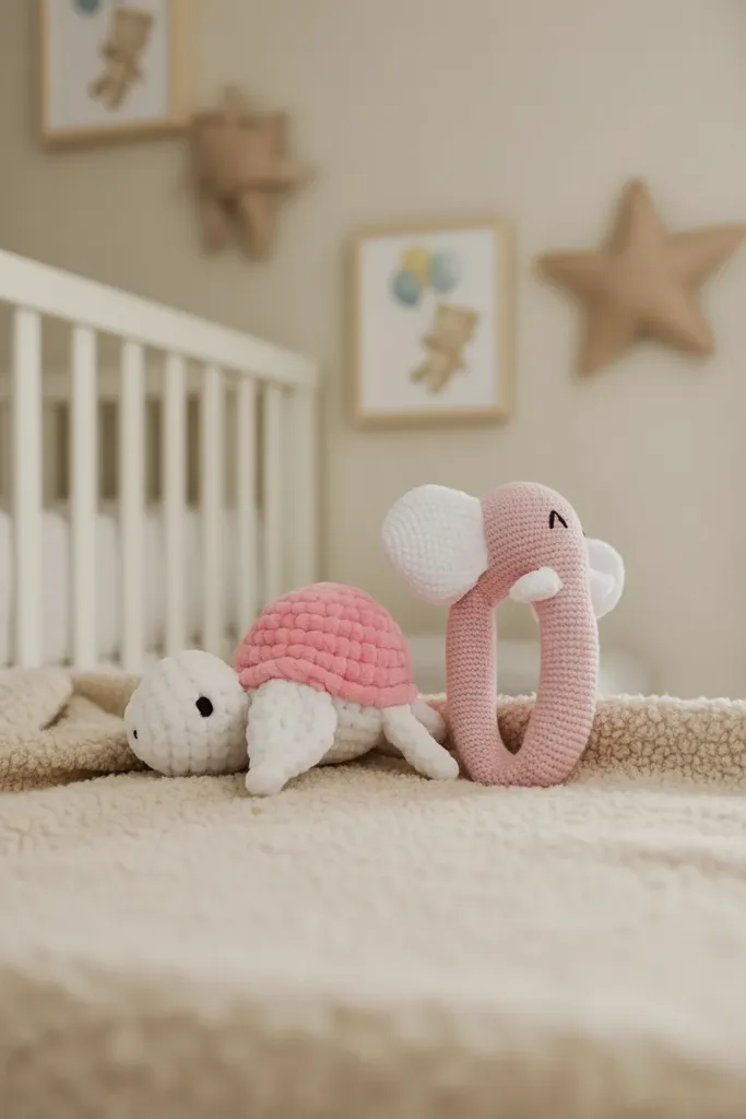 El Örgüsü Çıngıraklı Fil ve Kaplumbağa Seti – Yumuşak, 15 cm – Bebek Hediyesi