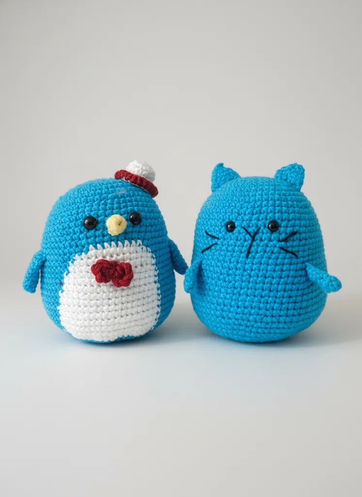 Mavi Amigurumi Kedi ve Penguen Oyuncak Bebek - El Yapımı