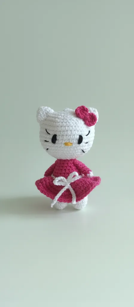 Pembe Elbise ve Fiyonklu Hello Kitty Amigurumi Oyuncak Bebek