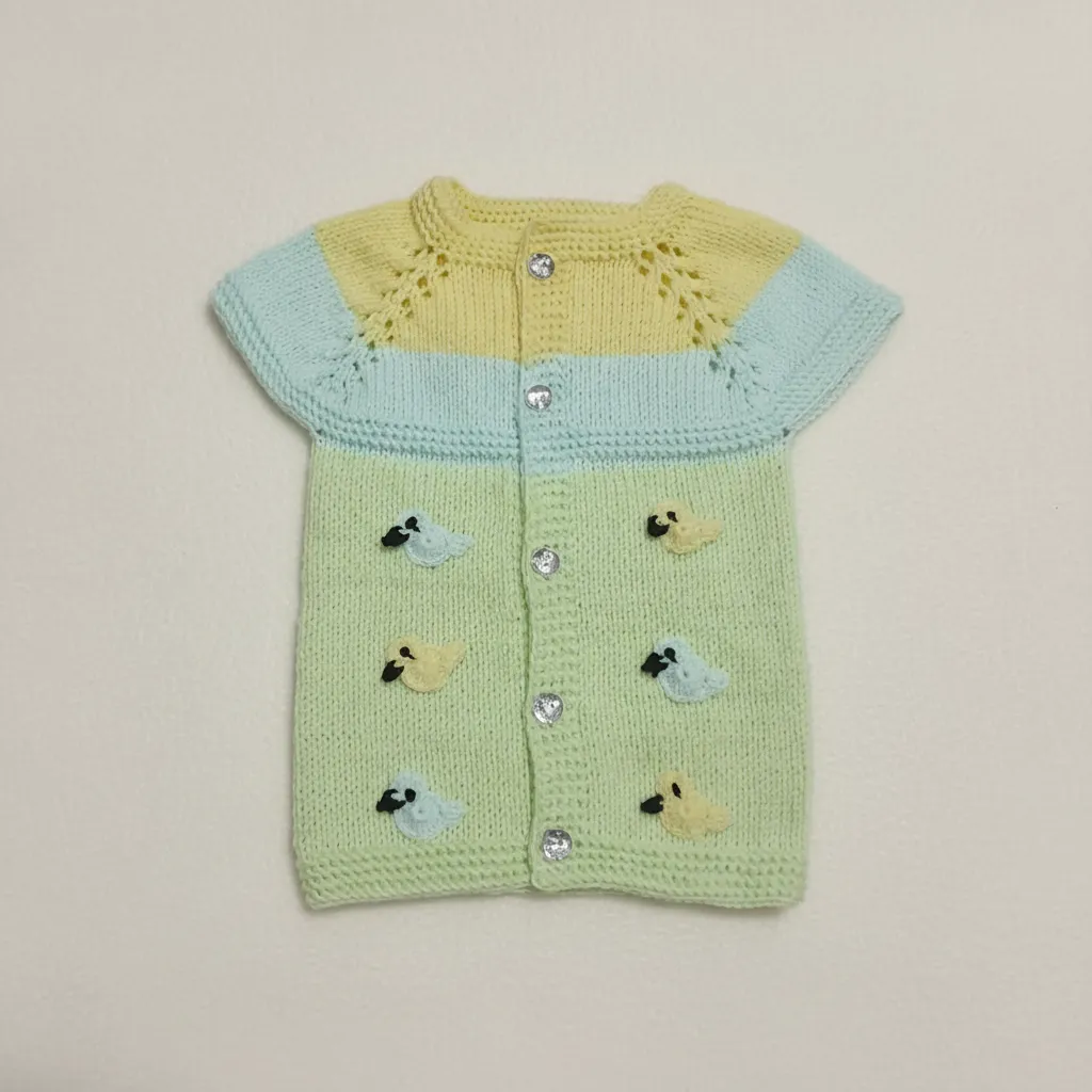 Örgü Bebek Yelek - Kuş Desenli, Sarı ve Mavi Renkli, Düğmeli