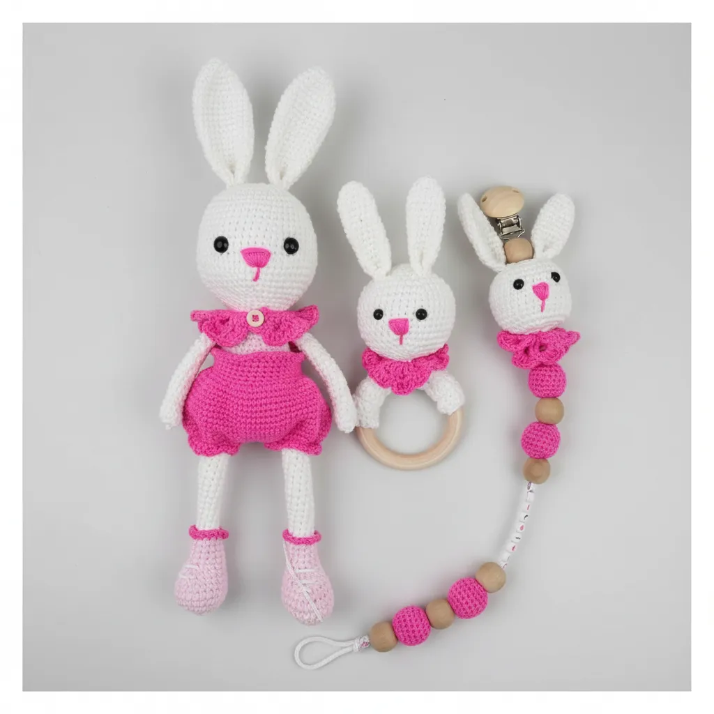 Örgü Tavşan Bebek Oyuncak Seti - Emzik Zinciri ve Diş Kaşıyıcı - El Emeği