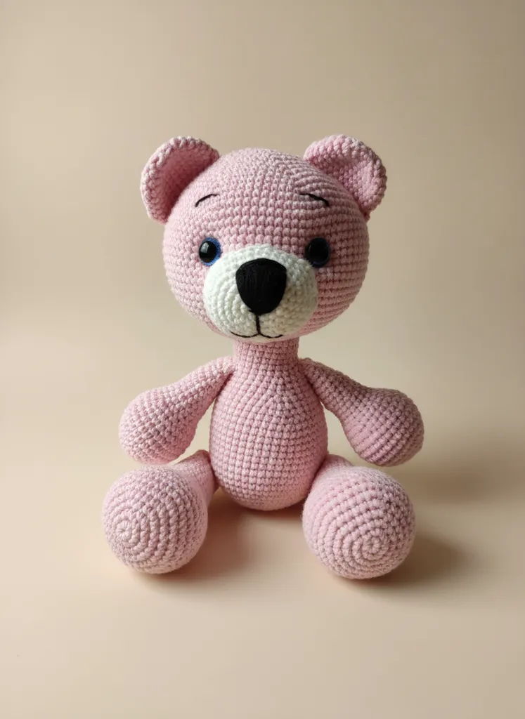 Örgü Oyuncak Ayıcık - Pembe Renkli, Güvenli Kilitli Gözlü - El Emeği