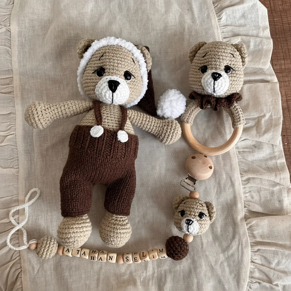 Örgü Oyuncak Ayıcık Seti - Uyku Arkadaşı, Çıngırak ve Emzik Zinciri