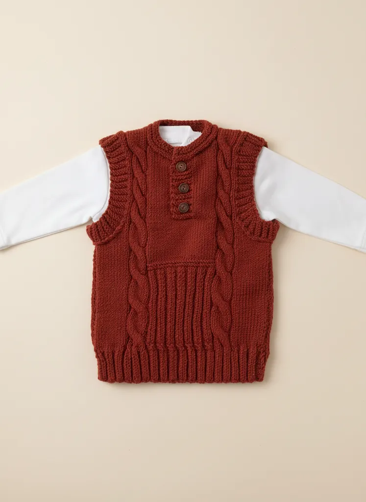 Örgü Bebek Süveter Yelek - Kızıl Kahve Renkli, Düğmeli ve El Emeği