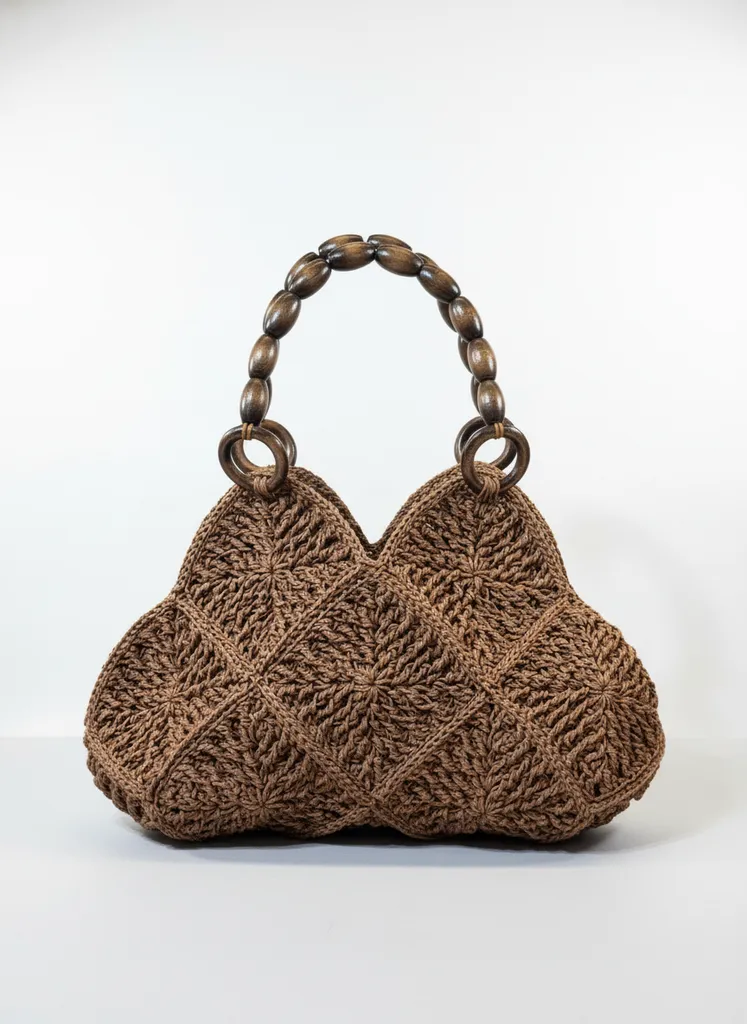 Kahverengi Kağıt İp Örgü Omuz Çantası - Ahşap Saplı - El Emeği