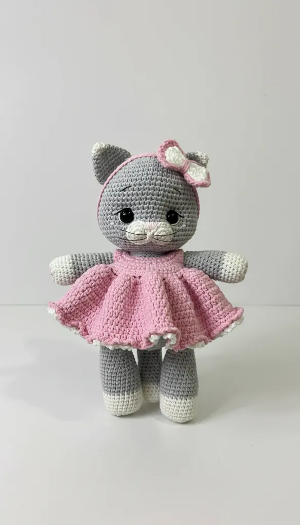 Örgü Pembe Elbiseli Gri Amigurumi Kedi Oyuncak Bebek - El Emeği