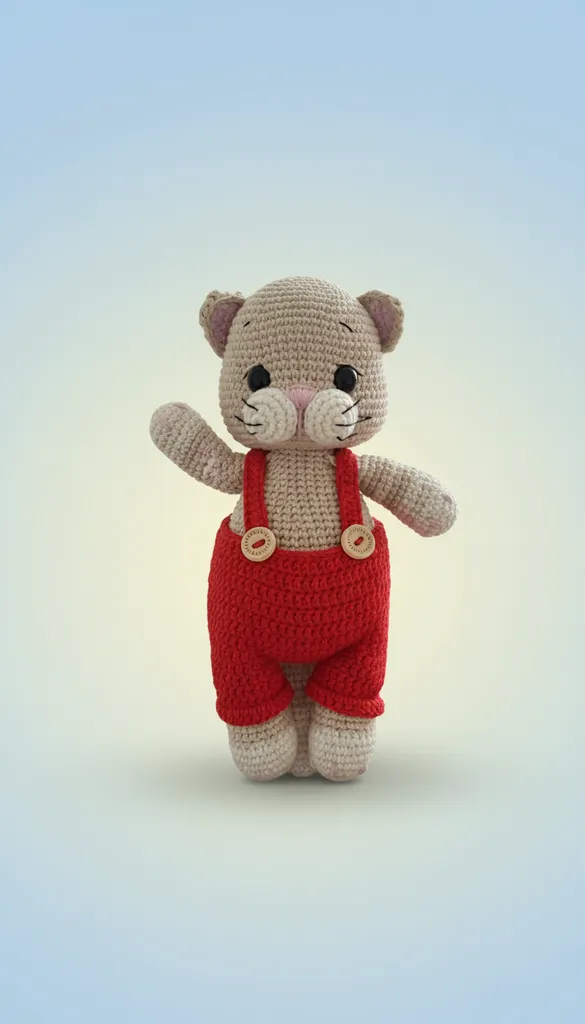 Örgü Kedi Amigurumi Oyuncak - Kırmızı Tulumlu Sevimli Kedi