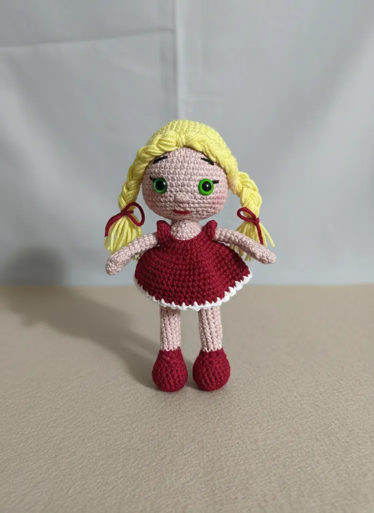 Sarı Saçlı Örgü Bebek Amigurumi Oyuncak - Güvenli Gözlü