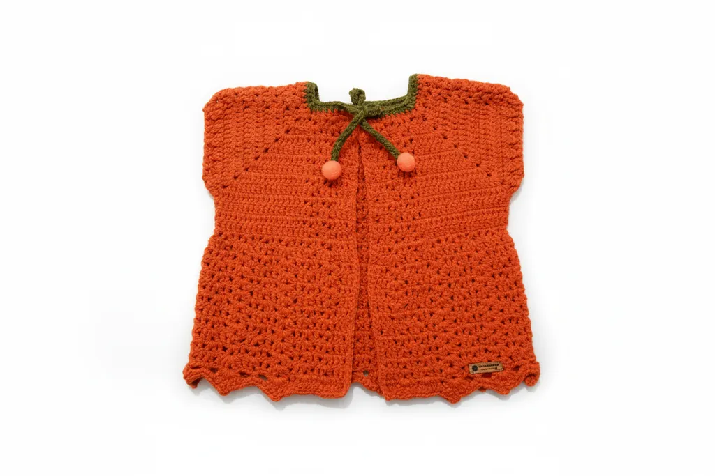 Kiremit Rengi Ponponlu Örgü Çocuk Yeleği (4-5 Yaş)