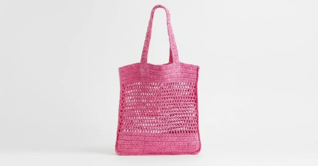 Kağıt İpten Örme H&M Shopper Çanta - Yeşil ve Pembe Plaj Çantası