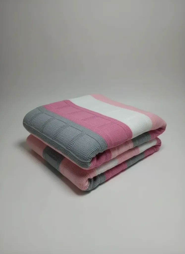 130x220 cm El Örgüsü Tek Kişilik Pamuk Battaniye Yatak Örtüsü - Pembe, Gri ve Beyaz Çizgili