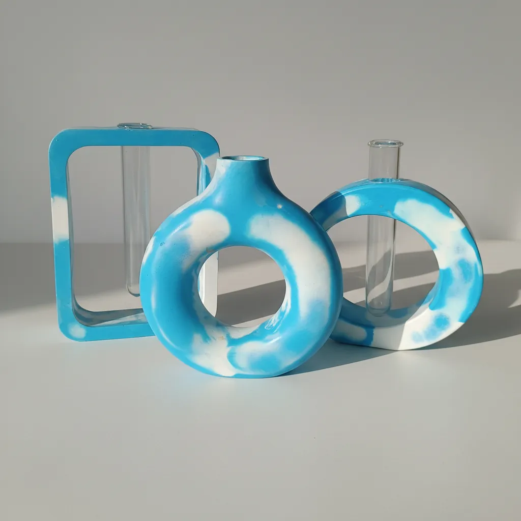 Mavi Beyaz Beton Vazo Seti - Modern Tasarım, El Yapımı