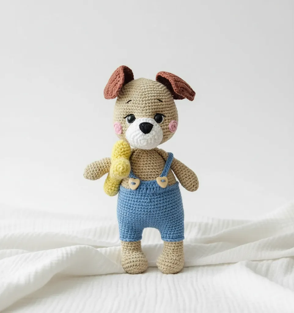 Amigurumi Oyuncak Köpek - Kemikli, Mavi Tulumlu, El Emeği