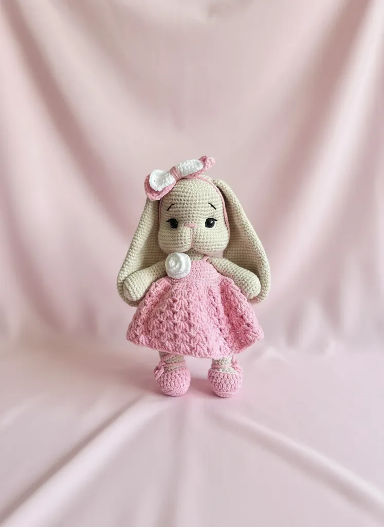 Amigurumi Pembe Elbiseli Uzun Kulaklı Tavşan Bebek - El Yapımı