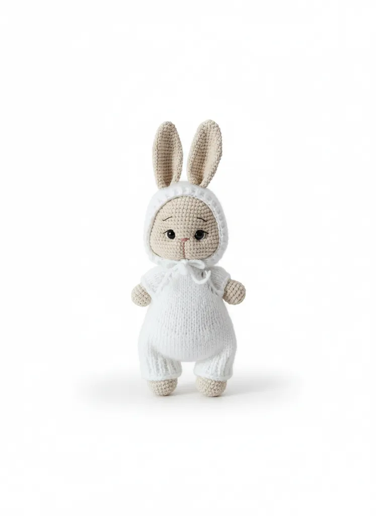 Beyaz Örme Tulumlu Angora Tavşan Oyuncak Bebek - El Emeği