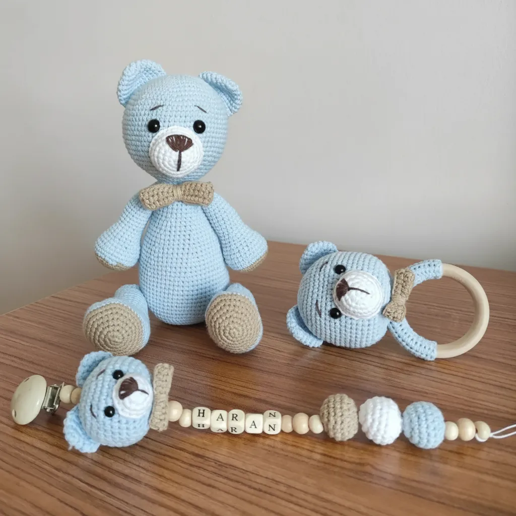 Mavi Amigurumi Ayıcık Oyuncak Seti - El Emeği Bebek Hediyesi