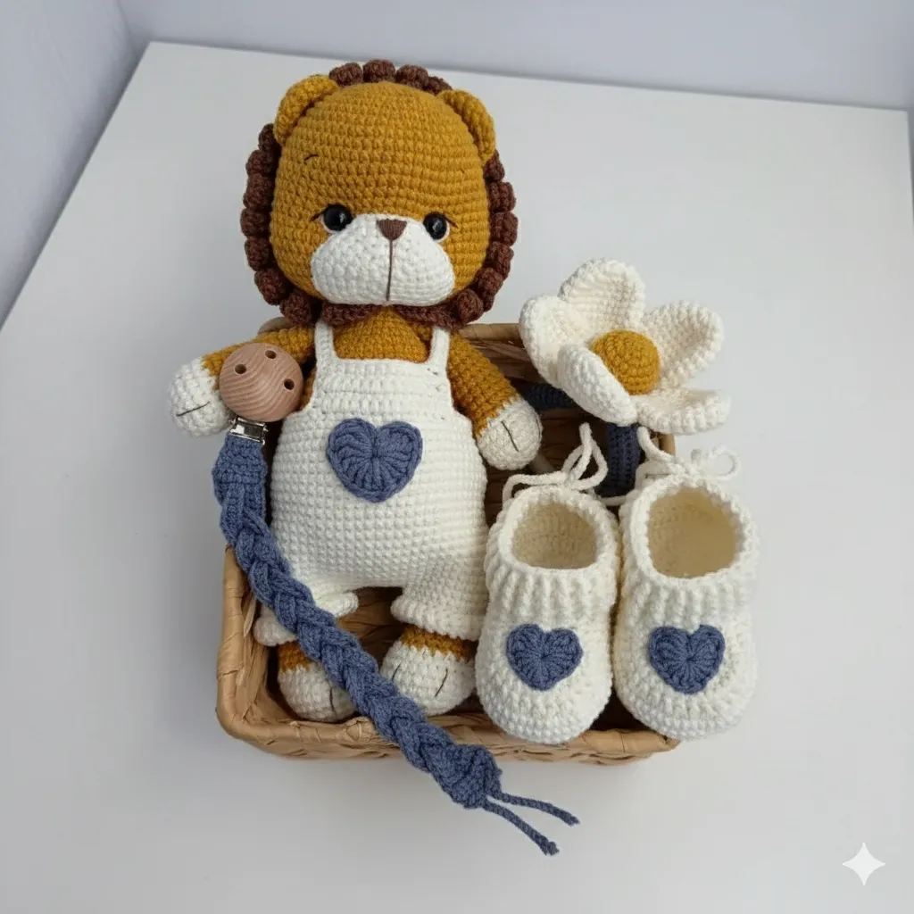 Örgü Aslan Oyuncak ve Kalp Detaylı Bebek Patik Seti - El Emeği