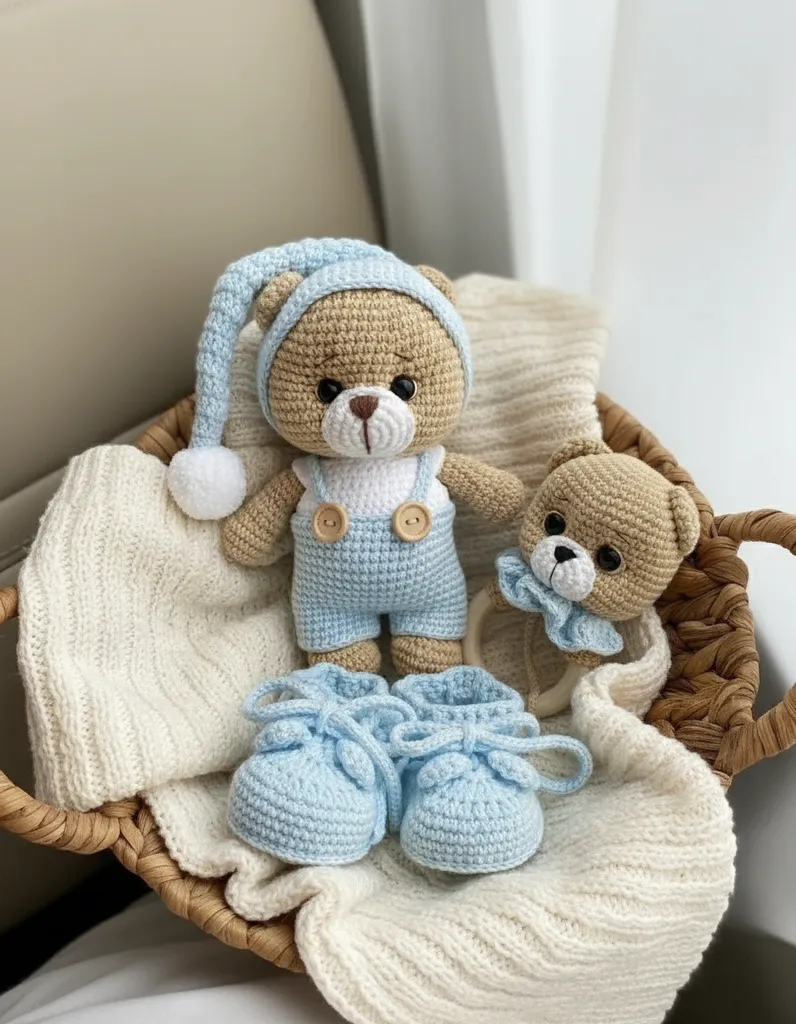 Örgü Oyuncak Bebek Seti - Mavi Ayıcık, Çıngırak ve Patikler