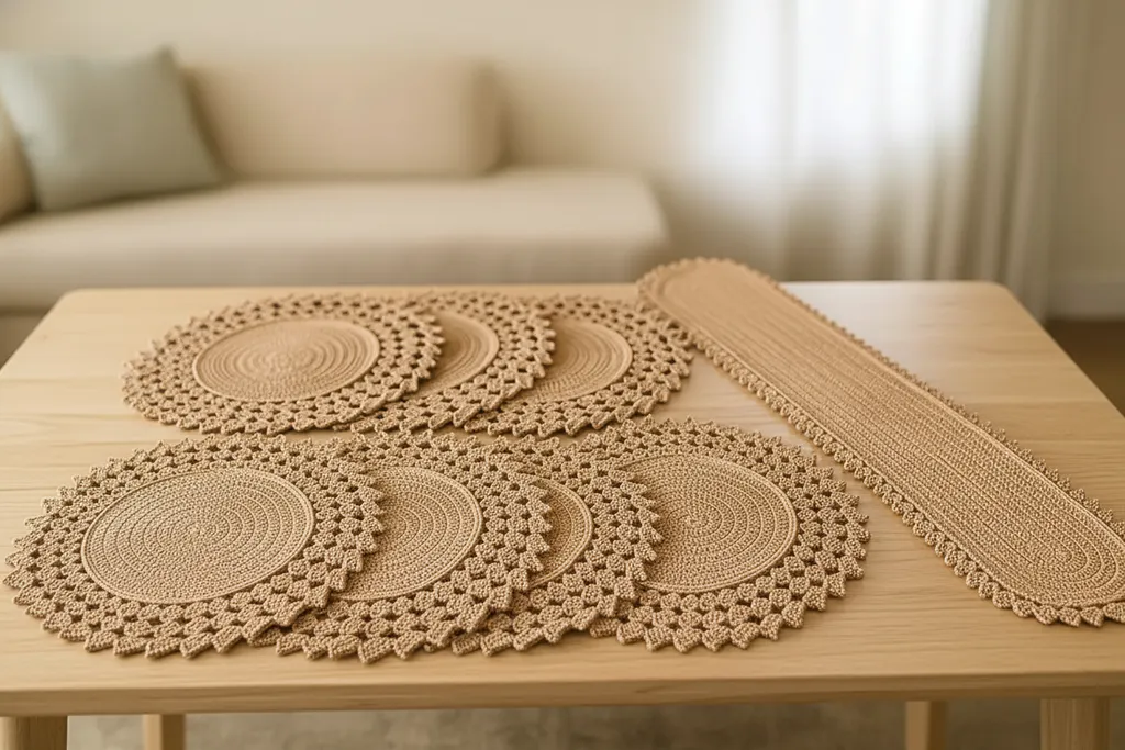 Kahverengi Örgü Supla Takımı - 6 Adet Supla ve 1 Runner