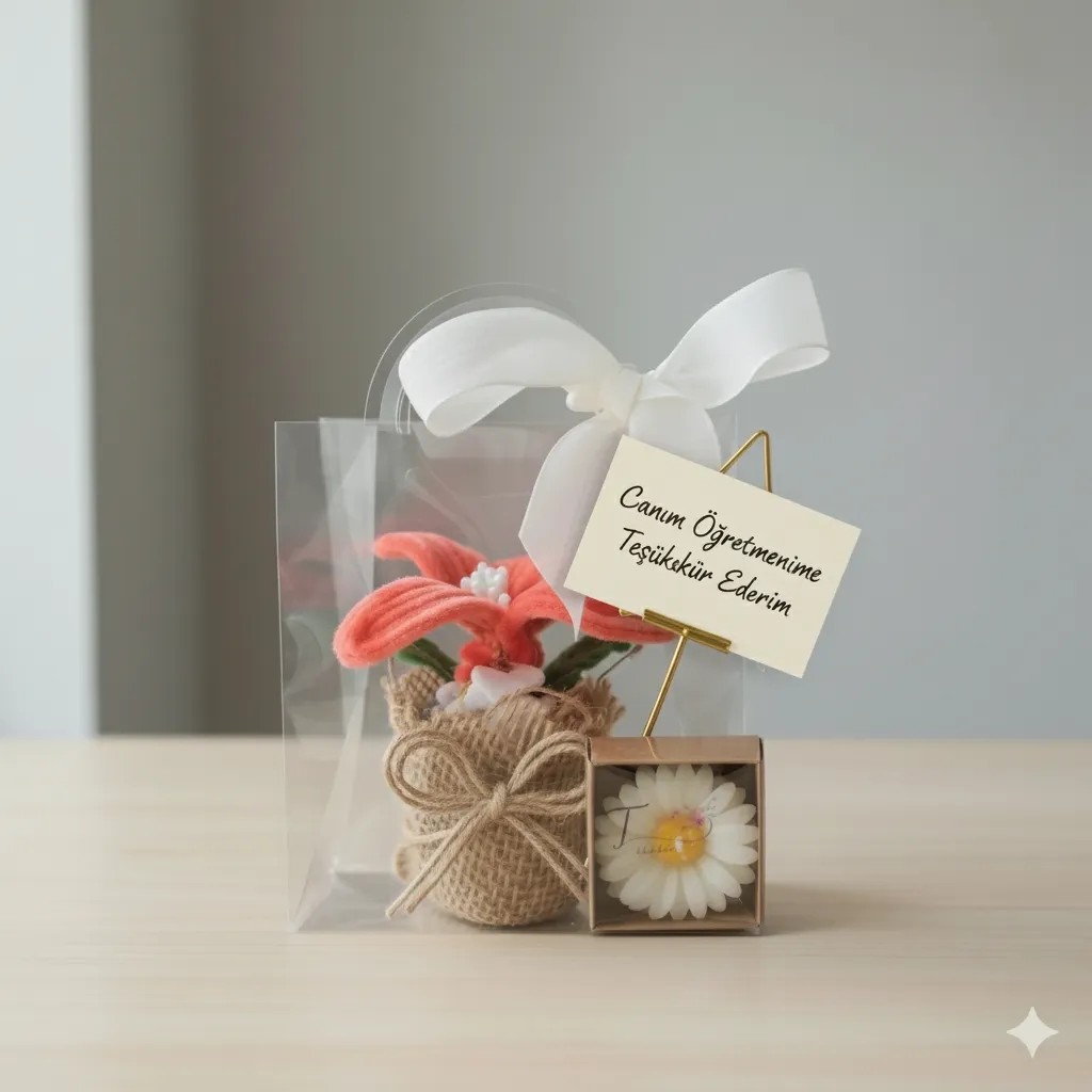 Öğretmenler Günü Hediye Seti: Yapay Çiçek ve Mum - Kalpten Dokunuş