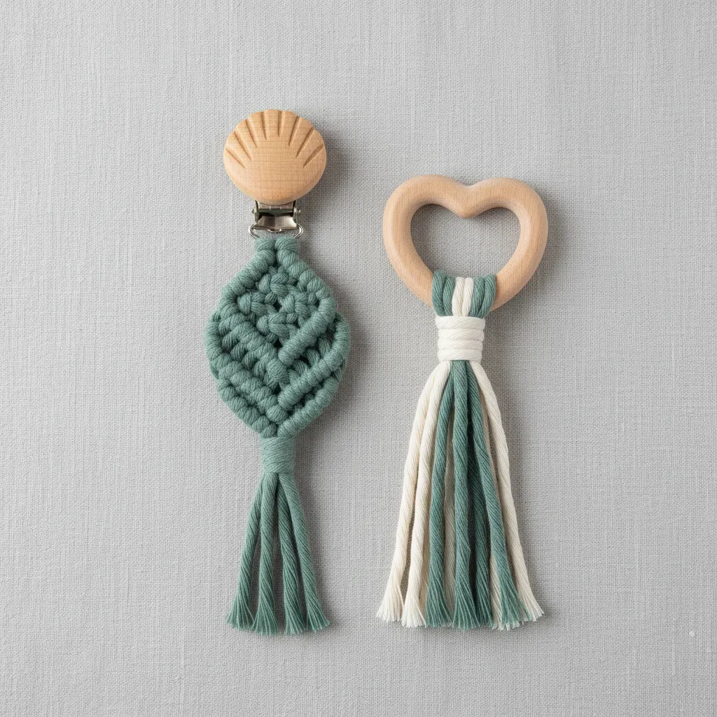 Makrome Emzik Zinciri ve Ahşap Diş Kaşıyıcı Seti - El Yapımı