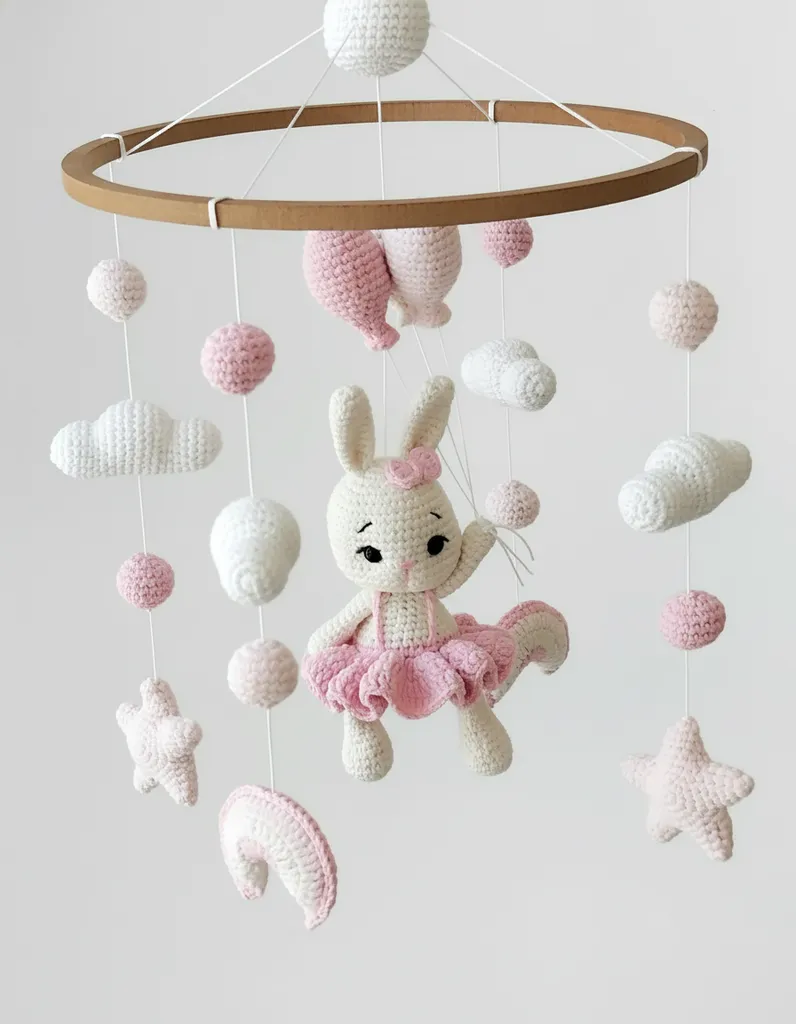 Örgü Bebek Dönencesi - Tavşan Temalı, Pembe ve Beyaz - El Yapımı