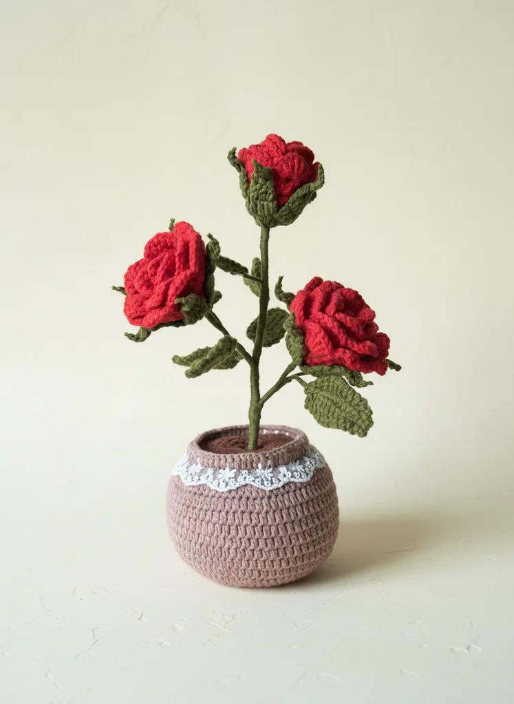 Örgü Kırmızı Gül ve Karamel Saksı Dantel Detaylı Dekoratif Çiçek