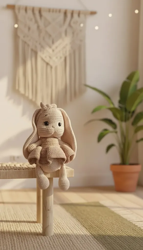 Bej Elbiseli Amigurumi Tavşan Bebek - Sevimli Oyuncak Tavşan