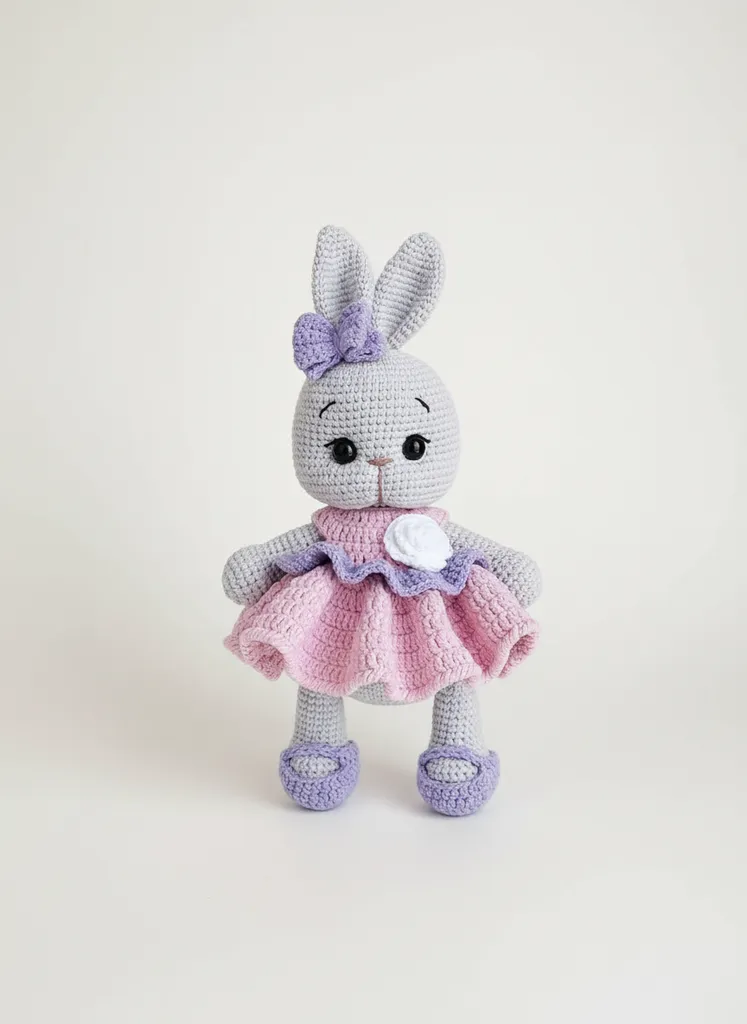 Pembe Elbiseli Amigurumi Oyuncak Tavşan - Lila Detaylı - El Yapımı