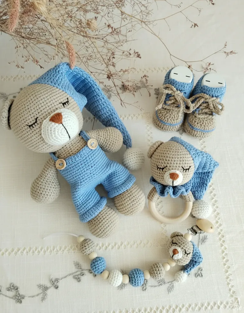 Mavi Örgü Uyku Arkadaşı Bebek Seti - Ayıcık, Patik, Diş Kaşıyıcı