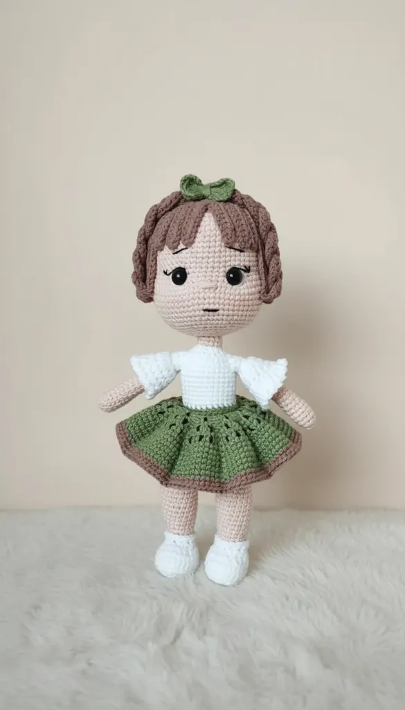 Yeşil El Örgüsü Etekli Amigurumi Bebek Oyuncak - Kivi Bebek