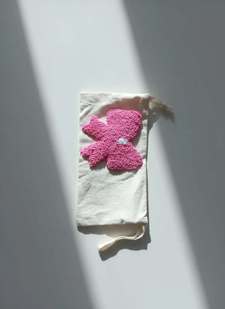 Pembe Fiyonk Desenli Ham Bez Çanta - Punch Nakışı El İşlemesi