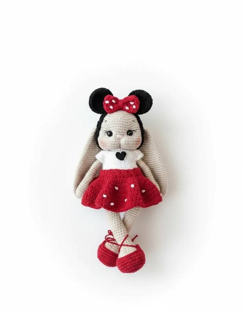 Örgü Tavşan Minnie Oyuncak Bebek - Kırmızı Elbiseli ve Fiyonklu