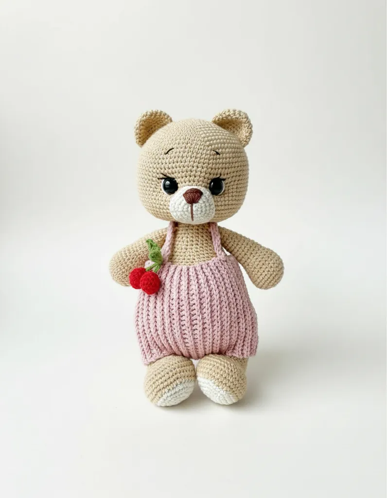 Örme Ayıcık Oyuncak - Kiraz Detaylı Tulumlu, El Emeği Bebek Hediyesi