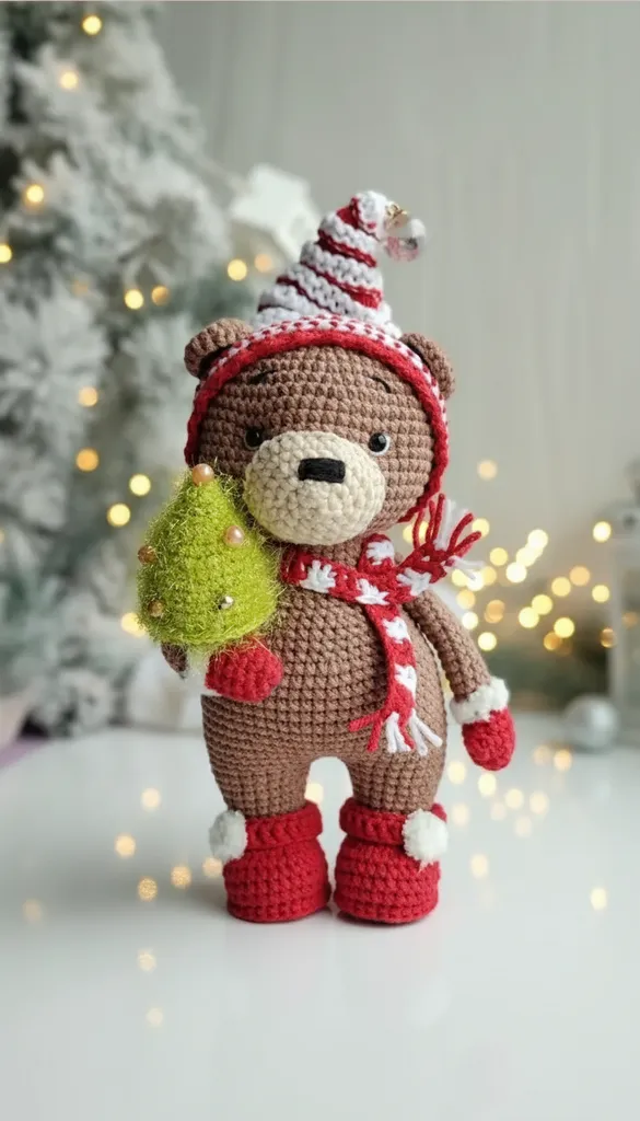 Örme Noel Ayıcık - Kırmızı Şapkalı ve Atkılı, El Yapımı Oyuncak