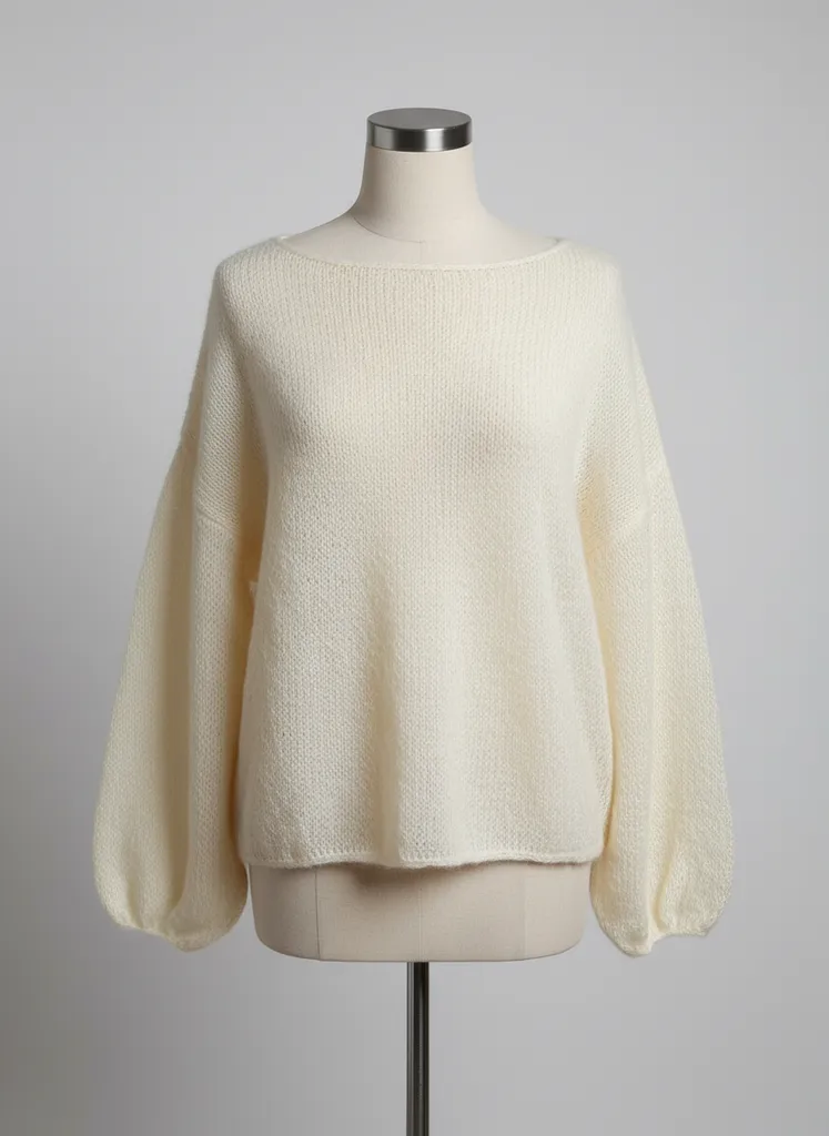 Krem Rengi Salaş Örgü Kazak - Angora Yünlü, Rahat Model