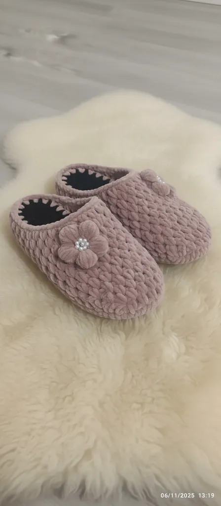 Pudra Renkli Örgü Ev Terliği - Çift Tabanlı ve Çeyizlik Seçenek