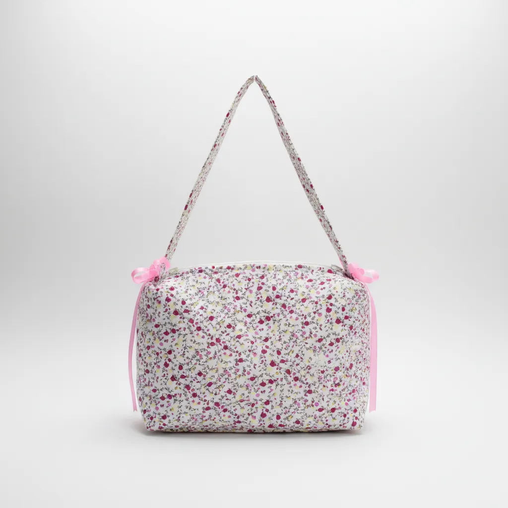 Pembe Çiçekli Fermuarlı Kol Çantası, - Çıkarılabilir Fiyonklu