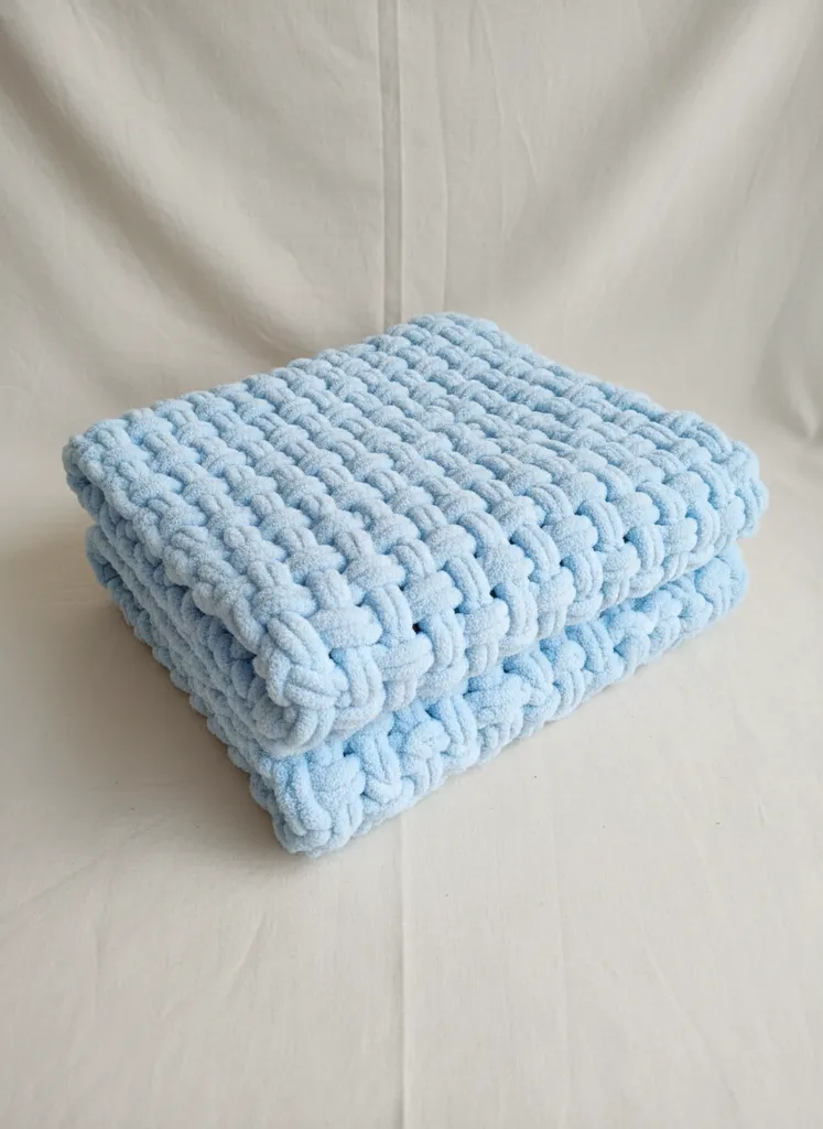 Mavi Puffy Bebek Battaniyesi - Yumuşak Dokulu Örgü El Emeği
