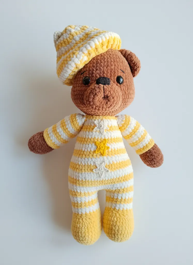 Kadife İpten Örme Ayıcık Bebek Oyuncak - Sarı Beyaz Çizgili