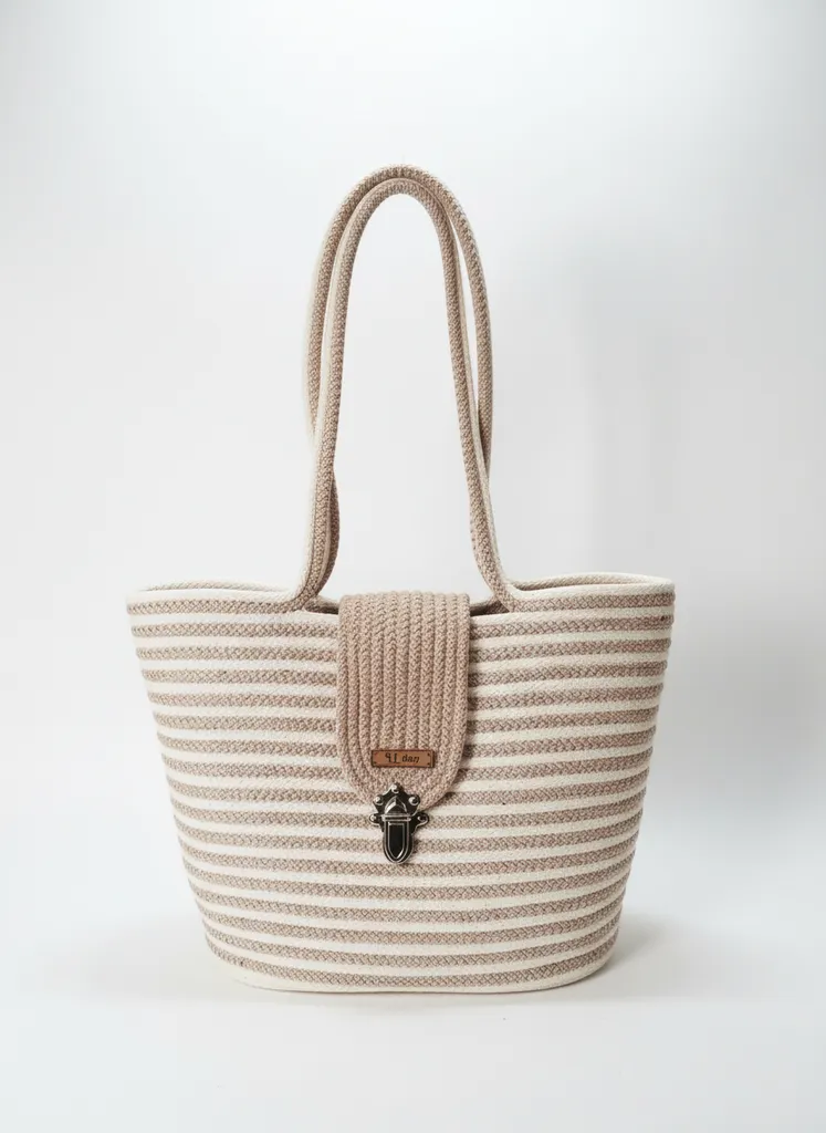 Kadın Krem Kahve Çizgili Halat İp Omuz Çantası - El Emeği