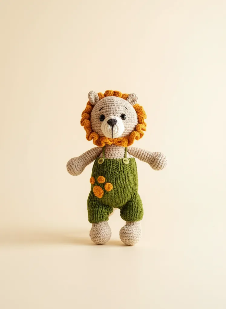 Örgü Aslan Amigurumi Oyuncak - Yeşil Tulumlu Sevimli Bebek Aslan