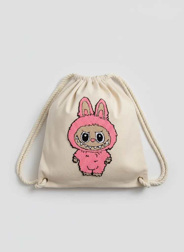 Punch Nakışlı Labubu Desenli Ham Bez Sırt Çantası - El Emeği