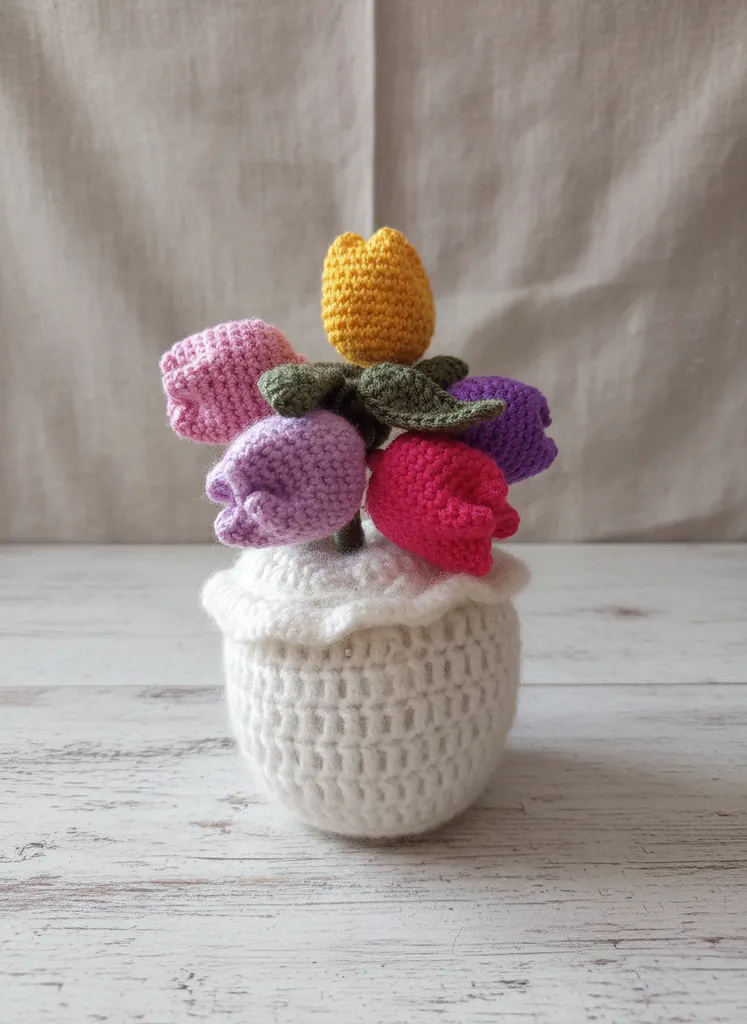 Renkli Örgü Laleler ve Beyaz Saksı - Dekoratif El Yapımı Çiçek Buketi