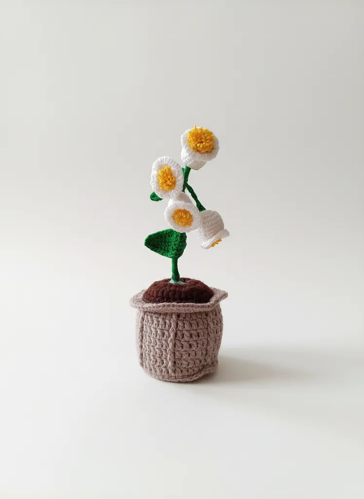 Beyaz Örgü Çiçekler Kahverengi Saksıda - El Yapımı Dekoratif Hediyelik