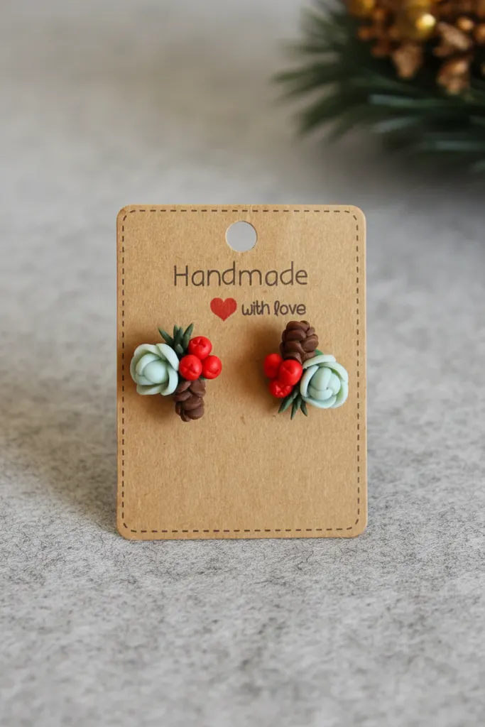 Yılbaşı Temalı Küpe - Polimer Kil, Çiçek ve Kozalak Detaylı, El Yapımı