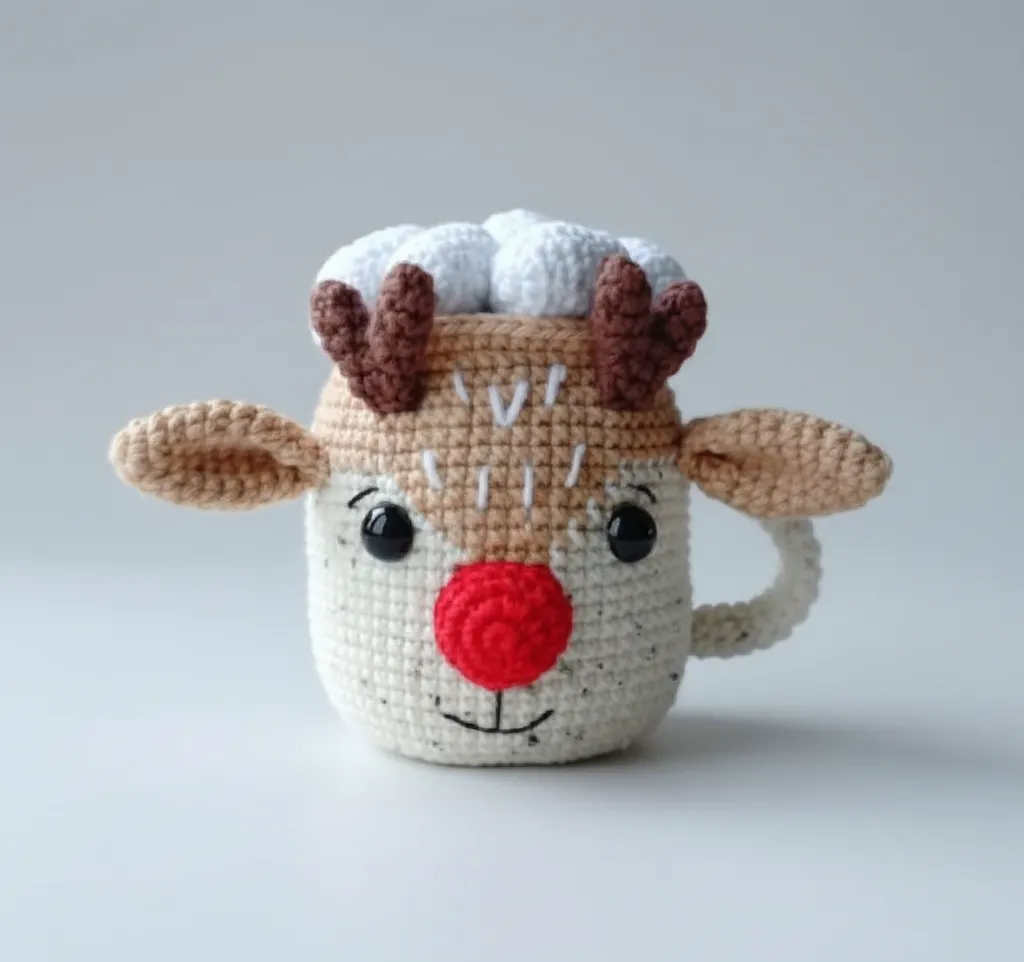 Örme Geyik Kupa - Kırmızı Burunlu, Yılbaşı Dekoratif Hediye