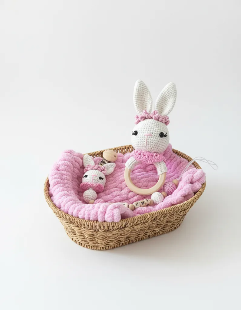 Pembe Tavşan Amigurumi Bebek Çıngırak ve İsimli Emzik Zinciri