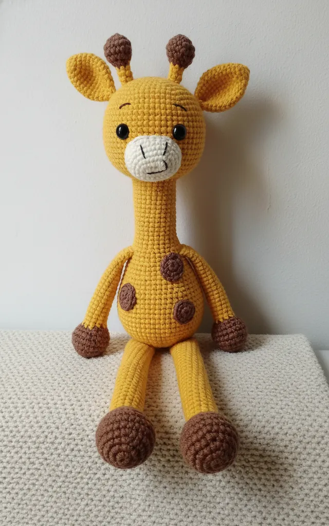 Sarı Kahverengi Amigurumi Zürafa Oyuncak Bebek - 34 cm El Örgüsü