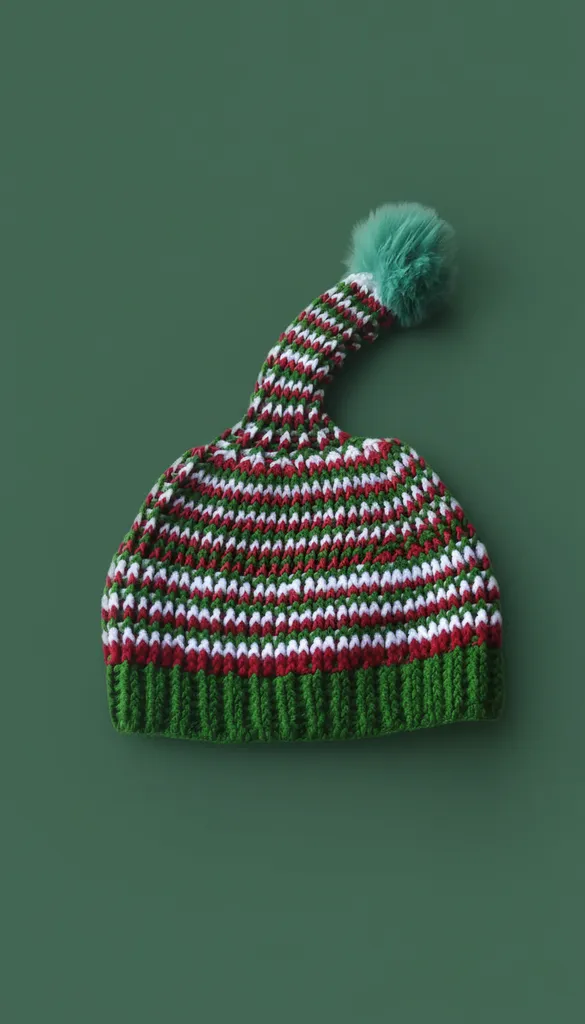 Yeşil Ponponlu Yılbaşı Elf Bere - Kırmızı Beyaz Örgü Desenli